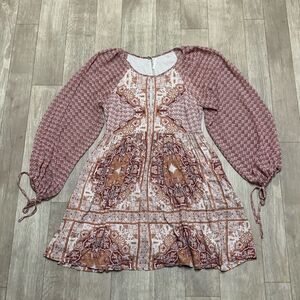 Free People‎ Oksana Bishop Sleeves Prairie Babydoll Lined Mini Dress